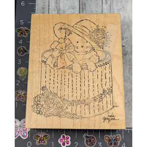 Stamps Happen Cat in Hat Box Flowers Kitty Rubber Stamp Wood #E23